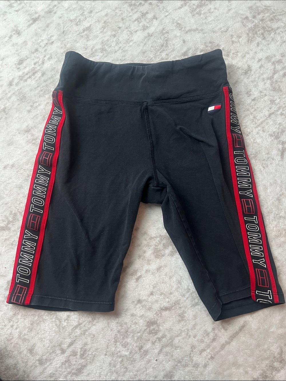 Tommy Hilfiger Black Biker Shorts with Red Logo Side Stripes